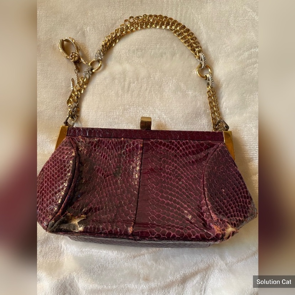 Vintage Brown Snake Skin Purse Gold Tone Chain Glove Clasp